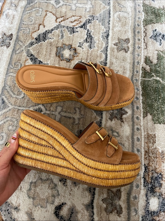 SARTO By Franco Sarto Shoes - Sarto by Franco Sarto Tan Suede Espadrille Wedge Slide